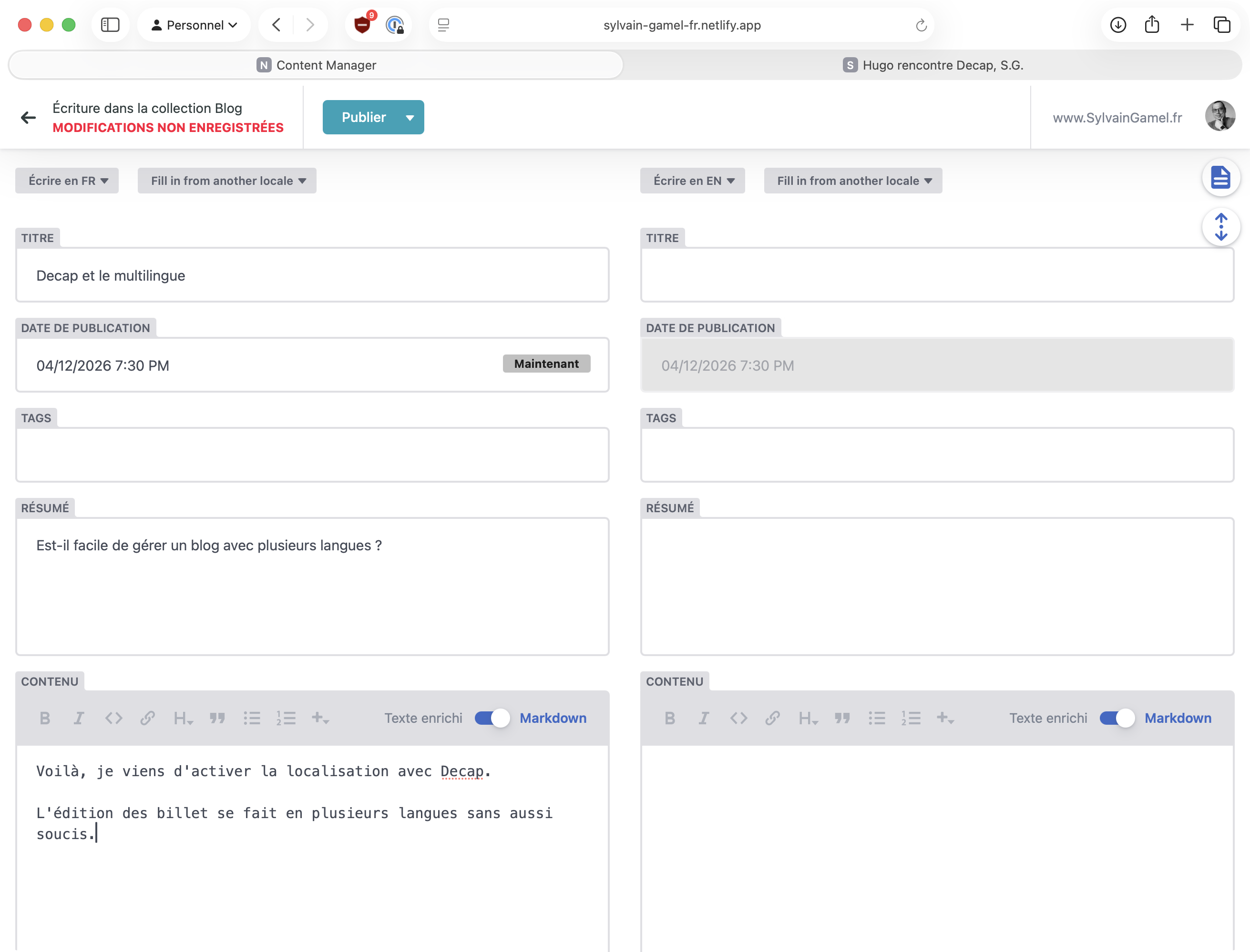 La capture d’écran affiche une page web intitulée “Content Manager” sur le site “sylvain-gamet-fr.netlify.app.” La page est divisée en deux sections principales, chacune contenant un formulaire pour créer un article de blog.
